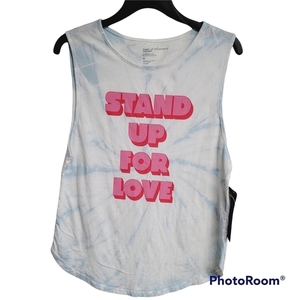 good hYOUman Light Blue Tie-Dye Tank with Pink Graphic